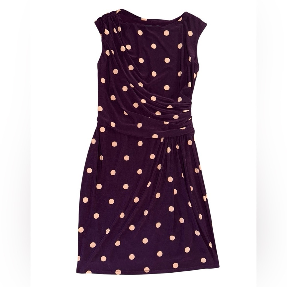 Lauren Ralph Lauren Purple White Polka Dot Faux Wrap Dress Midi  Size 12 Preppy